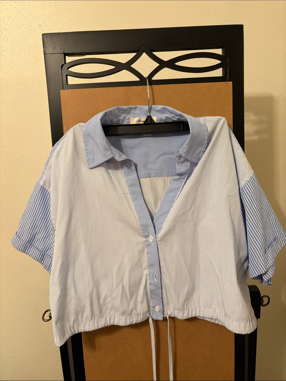 Passport Blue & White Striped Shirt, Button Up Crop Top